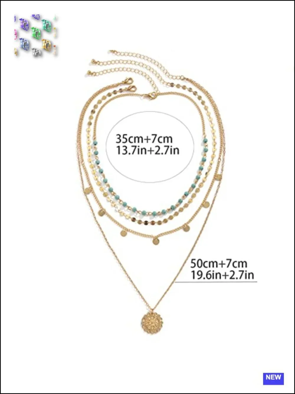 Boho Turquoise Coin Pendant Necklace Set Gold Plated Alloy 4pc Layered